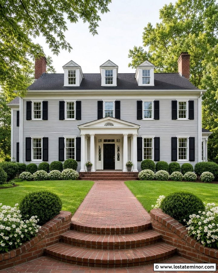 Dove Grey House With White Trim And Brick Steps - 30 Dove Grey House Design With Steps Ideas