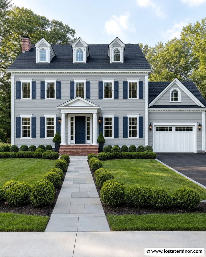 Dove Grey House With White Trim And Navy Shutters - 30 Dove Grey House Design With Trim Ideas