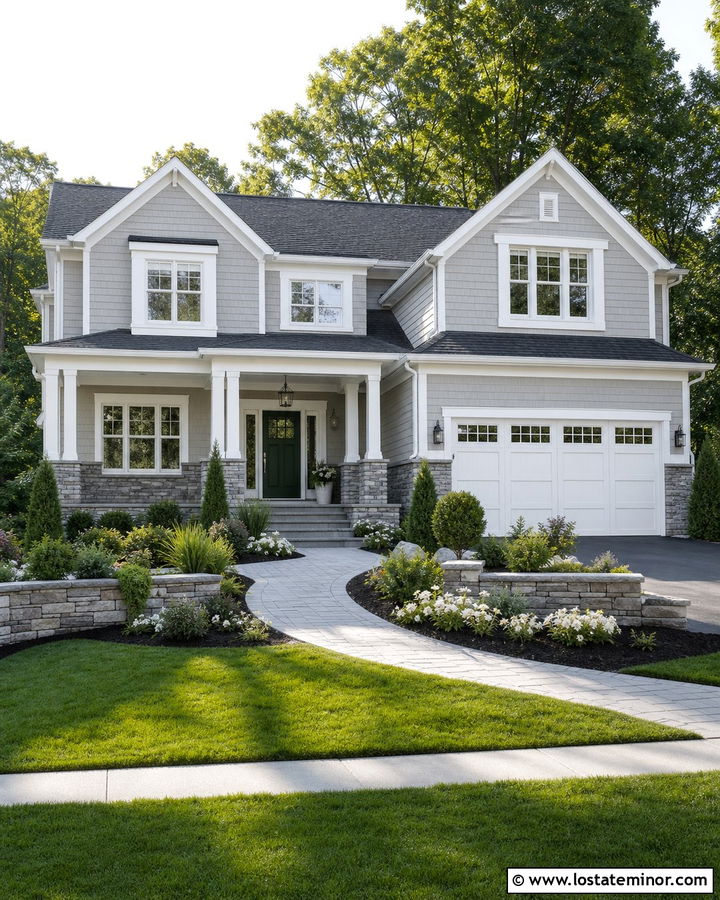Dove Grey House With White Trim And Stone Wainscoting - 30 Dove Grey House Design With Wainscoting Ideas