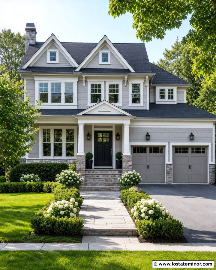 Dove Grey House With White Trim And Stone - 30 Dove Grey House Design With Stone Accents Ideas