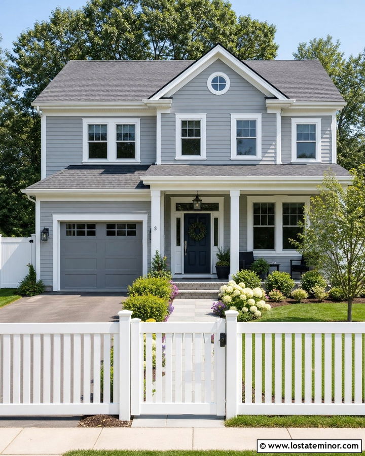 Dove Grey House With White Vinyl Fence - 30 Dove Grey House Design With Fence Ideas