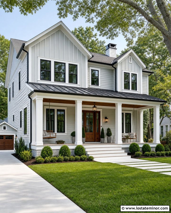 Dove Grey House With Wide Farmhouse Porch Columns - 30 Dove Grey House Design With Porch Columns Ideas