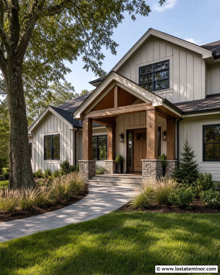 Dove Grey House With Wood Columns - 30 Dove Grey House Design With Portico Ideas