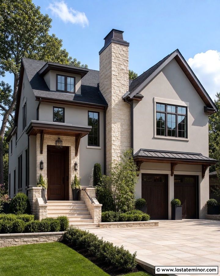 Dove Grey House With Wood Door And Limestone Chimney - 30 Dove Grey House Design With Chimney Ideas