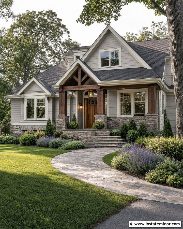 Dove Grey House With Wood Door And Stone Steps - 30 Dove Grey House Design With Steps Ideas