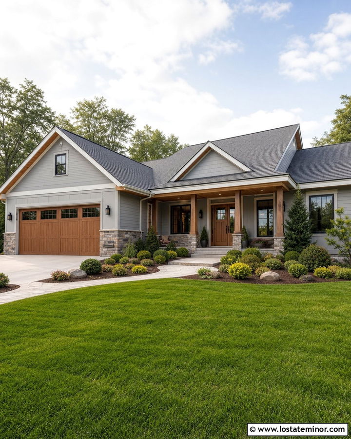 Dove Grey House With Wood Garage Door And Pewter Roof - 30 Dove Grey House Design With Roof Ideas