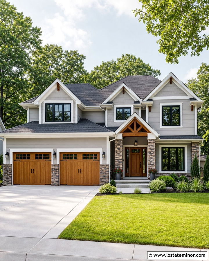 Dove Grey House With Wood Garage Doors And Stone - 30 Dove Grey House Design With Stone Accents Ideas