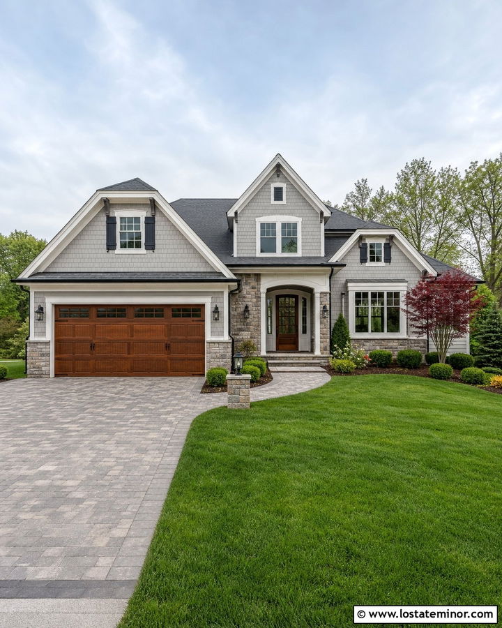 Dove Grey House With Wood Look Steel Garage Door - 30 Dove Grey House Design With Garage Door Ideas