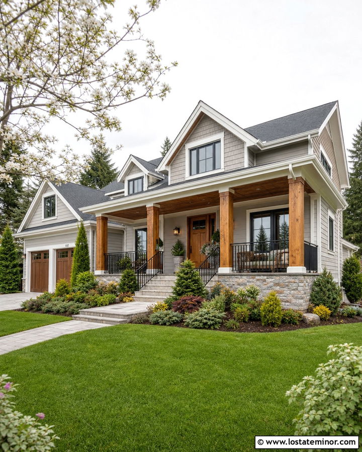 Dove Grey House With Wood Wrapped Porch Columns - 30 Dove Grey House Design With Porch Columns Ideas