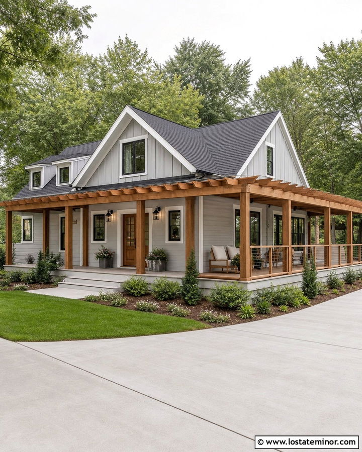 Dove Grey House With Wraparound Pergola - 30 Dove Grey House Design With Pergola Ideas