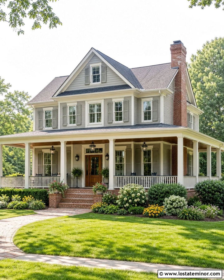 Dove Grey House With Wraparound Porch And Brick Chimney - 30 Dove Grey House Design With Chimney Ideas