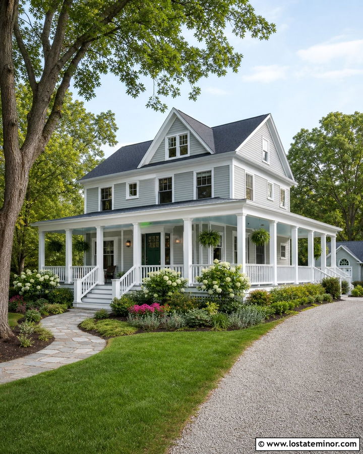 Dove Grey House With Wraparound Porch Columns - 30 Dove Grey House Design With Porch Columns Ideas