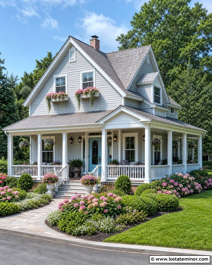 Dove Grey House With Wraparound Porch Window Boxes - 30 Dove Grey House Design With Window Boxes Ideas