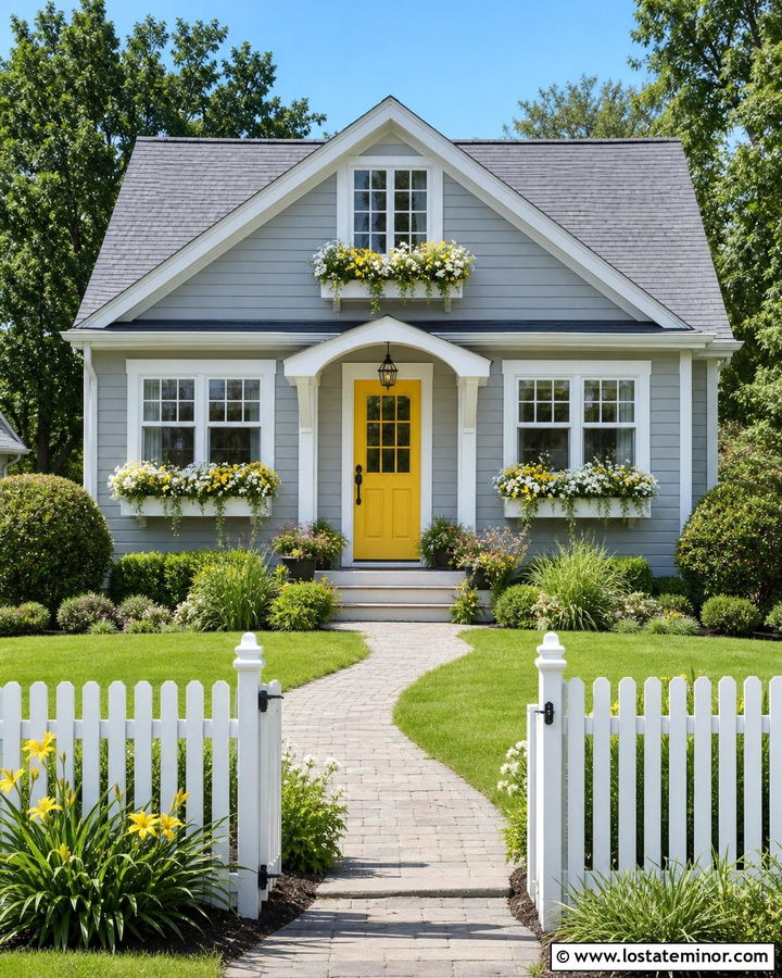 Dove Grey House With Yellow Door And Window Boxes - 30 Dove Grey House Design With Window Boxes Ideas
