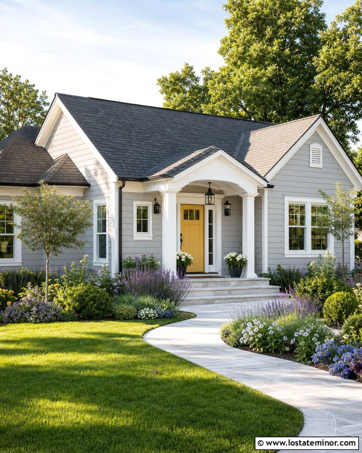 Dove Grey House With Yellow Door Portico - 30 Dove Grey House Design With Portico Ideas
