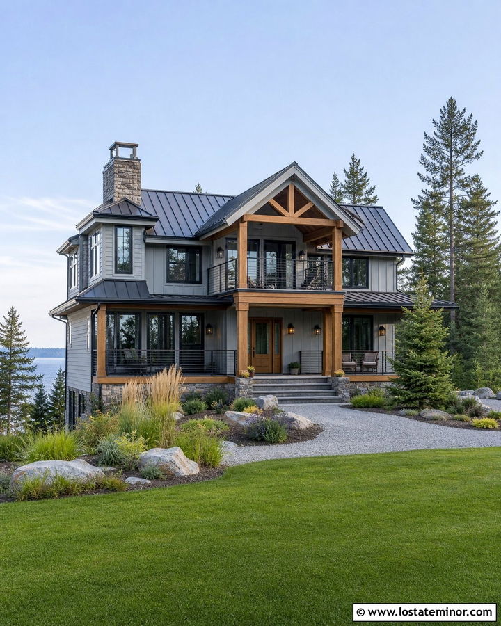 Dove Grey Lake House With Black Cable Railings - 30 Dove Grey House Design With Railings Ideas
