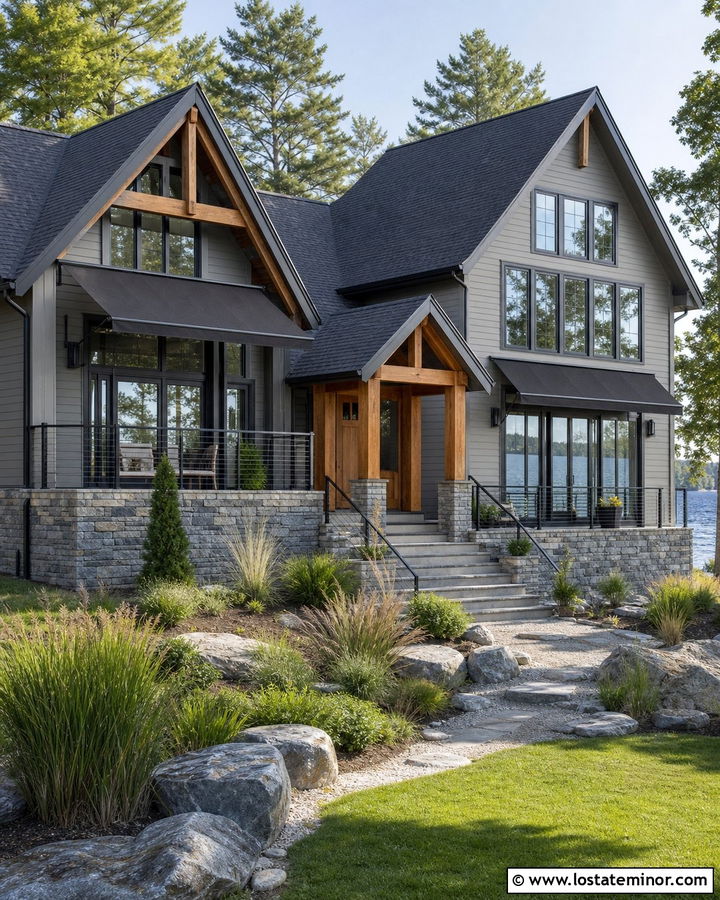 Dove Grey Lake House With Charcoal Awning - 30 Dove Grey House Design With Awning Ideas