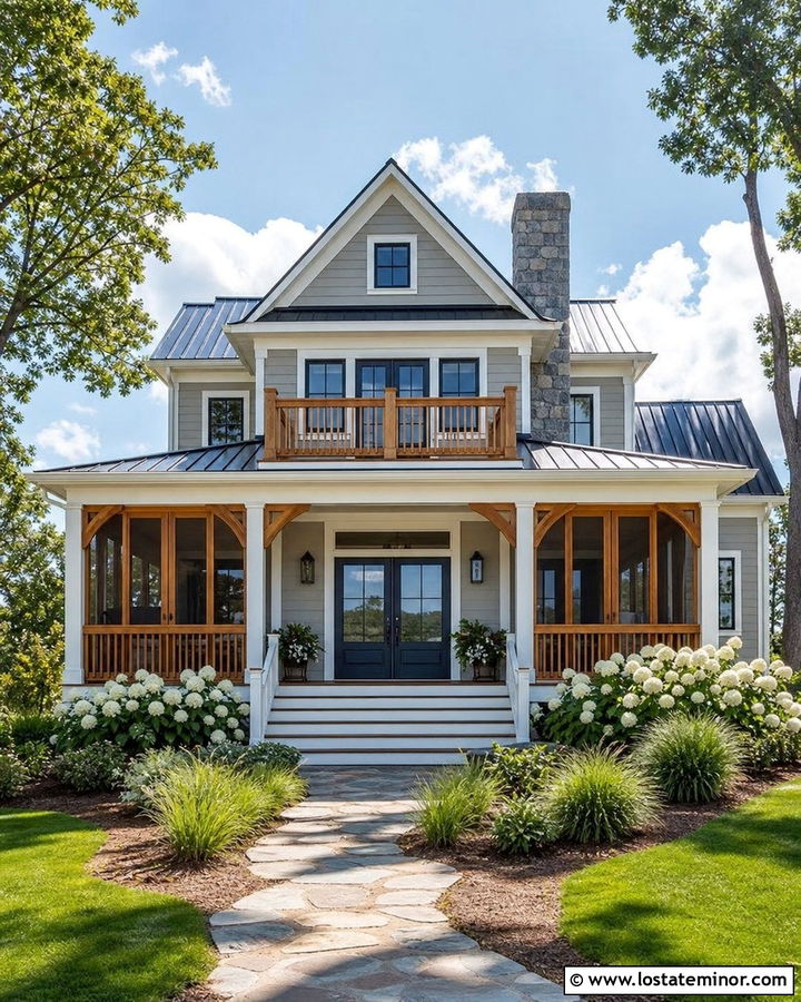 Dove Grey Lake House With Double Screen Doors - 30 Dove Grey House Design With Screen Door Ideas