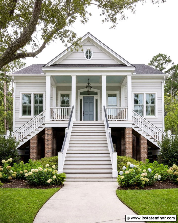 Dove Grey Lowcountry House With Double Staircase - 30 Dove Grey House Design With Steps Ideas