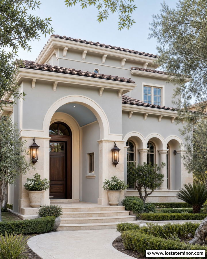 Dove Grey Mediterranean House With Arched Blue Grey Ceiling - 30 Dove Grey House Design With Porch Ceiling Ideas