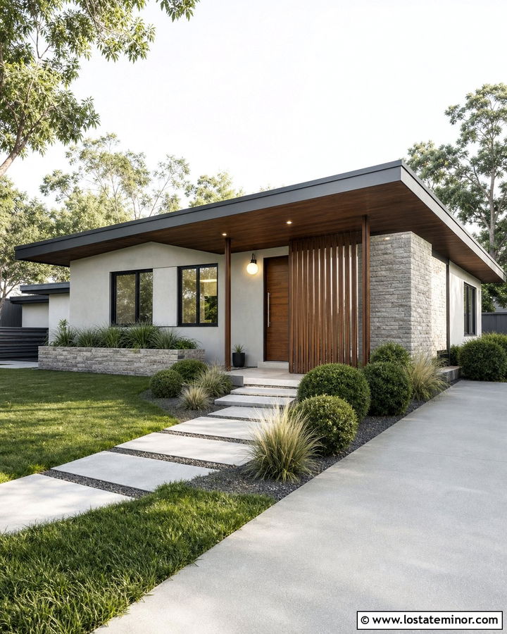 Dove Grey Mid Century House With Dark Wood Porch Ceiling - 30 Dove Grey House Design With Porch Ceiling Ideas