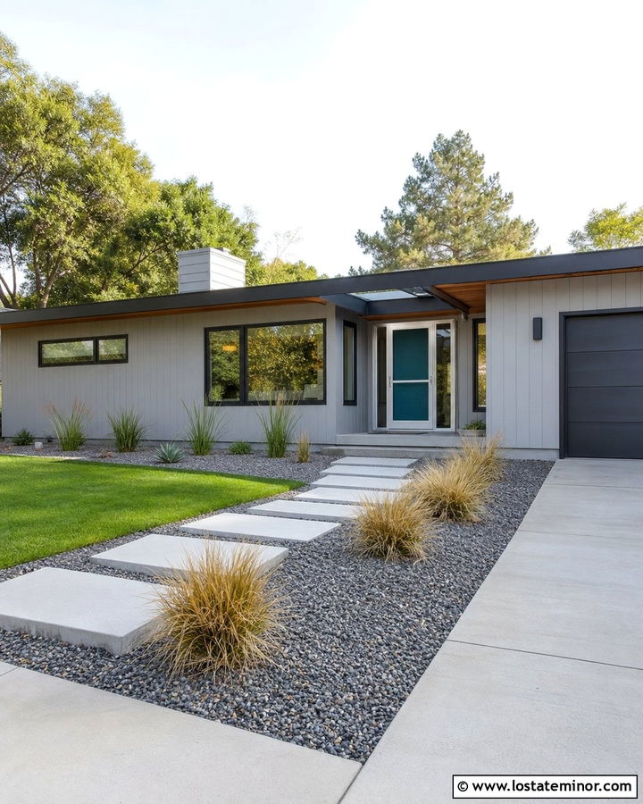 Dove Grey Mid Century House With Silver Storm Door - 30 Dove Grey House Design With Storm Door Ideas