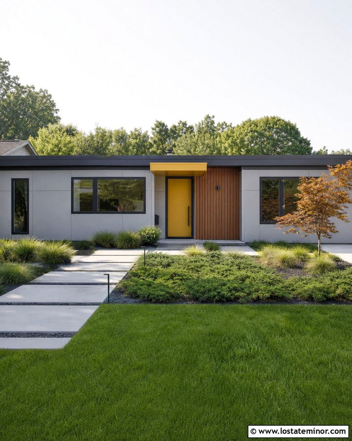 Dove Grey Mid Century House With Yellow Awning - 30 Dove Grey House Design With Awning Ideas