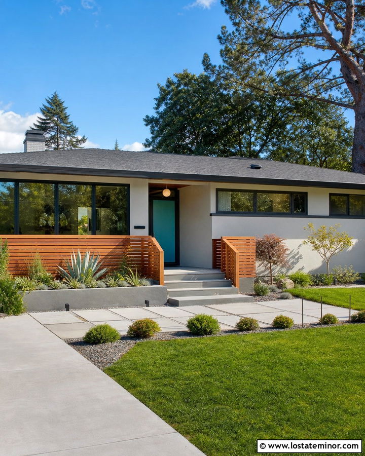 Dove Grey Midcentury House With Cedar Slat Railings - 30 Dove Grey House Design With Railings Ideas