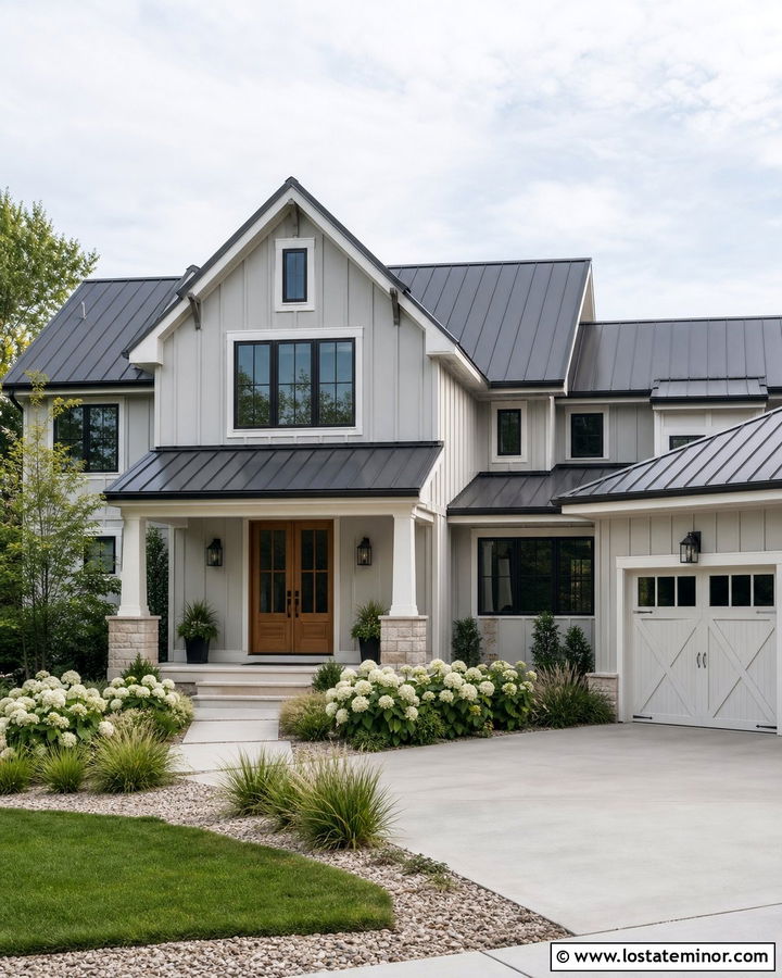 Dove Grey Modern Farmhouse With Standing Seam Awning - 30 Dove Grey House Design With Awning Ideas