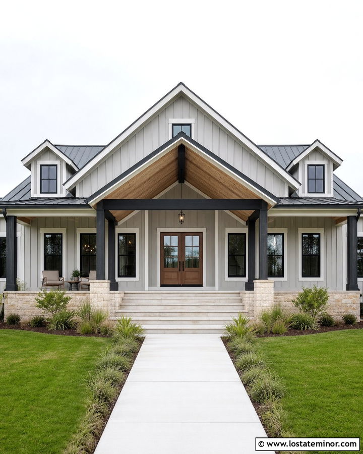 Dove Grey Modern Farmhouse With Vaulted Porch Ceiling - 30 Dove Grey House Design With Porch Ceiling Ideas