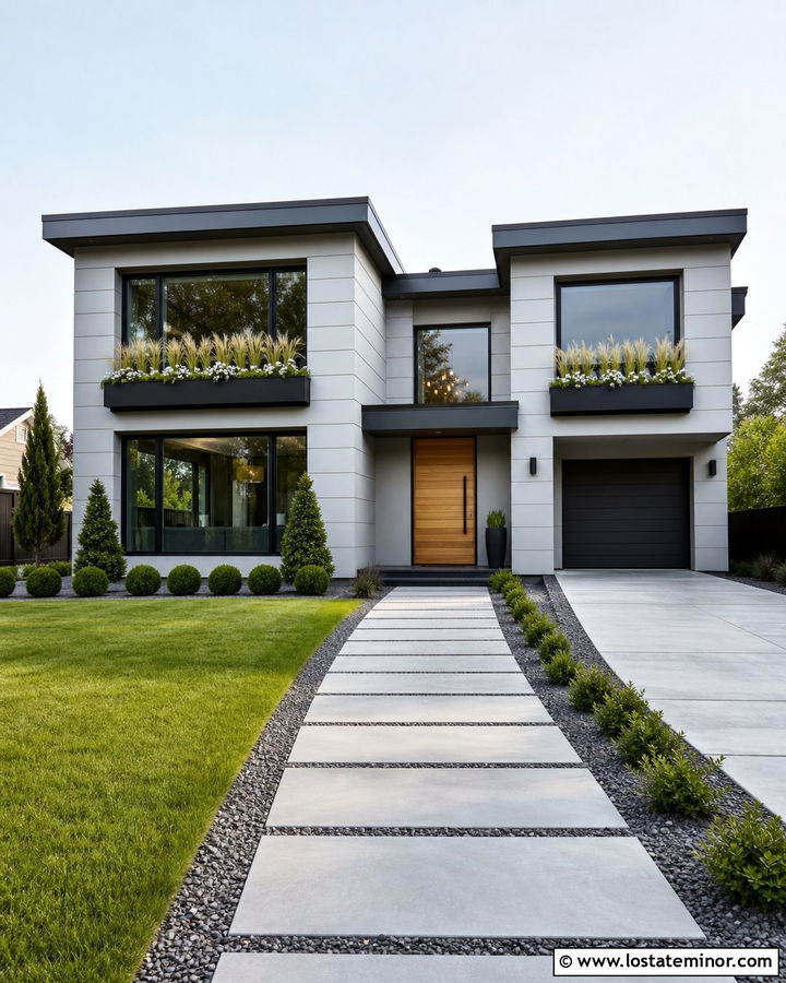 Dove Grey Modern House With Black Metal Window Boxes - 30 Dove Grey House Design With Window Boxes Ideas