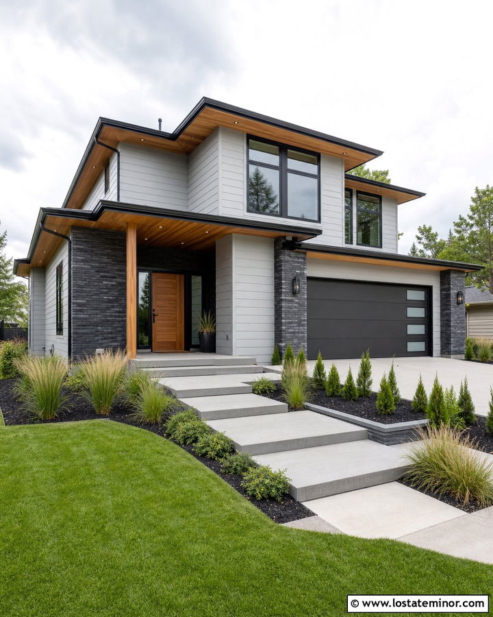 Dove Grey Modern House With Brick - 30 Dove Grey House Design With Brick Accents Ideas