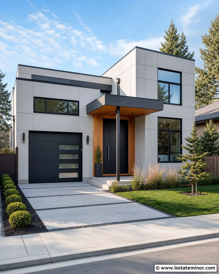 Dove Grey Modern House With Flat Roof Porch - 30 Dove Grey House Design With Front Porch Ideas