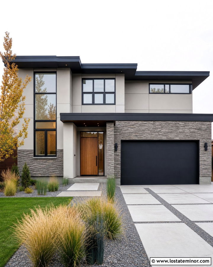 Dove Grey Modern House With Linear Stone Wainscoting - 30 Dove Grey House Design With Wainscoting Ideas