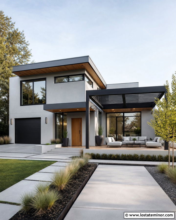 Dove Grey Modern House With Louvered Pergola - 30 Dove Grey House Design With Pergola Ideas