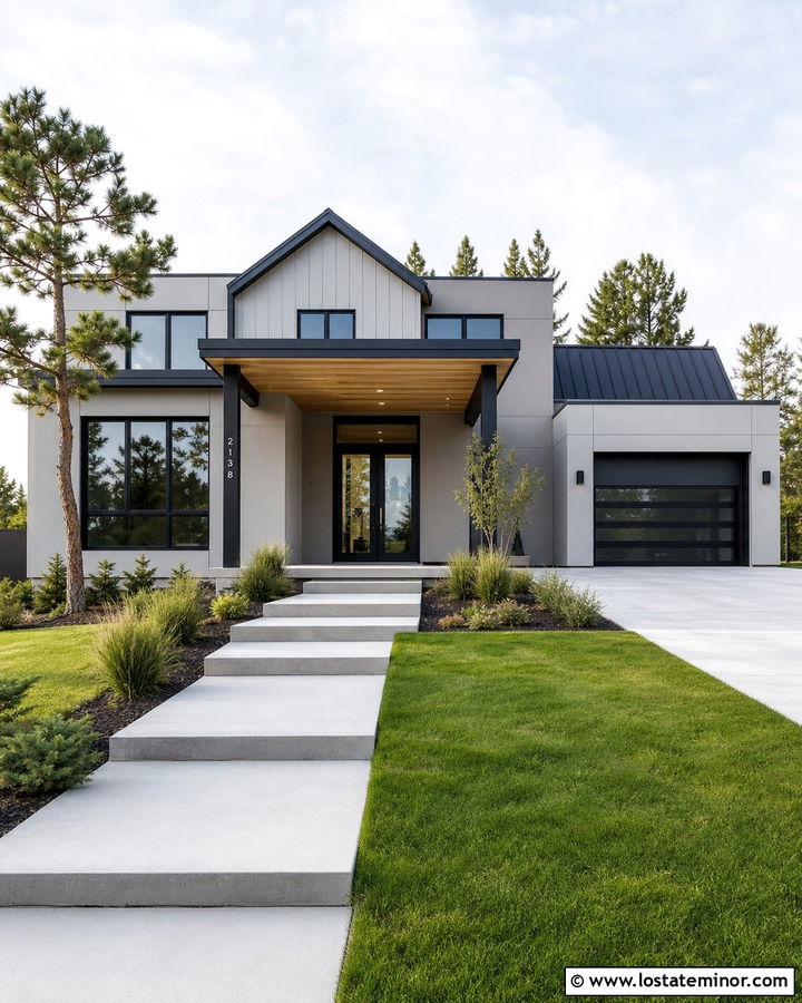 Dove Grey Modern House With Steel Porch Columns - 30 Dove Grey House Design With Porch Columns Ideas