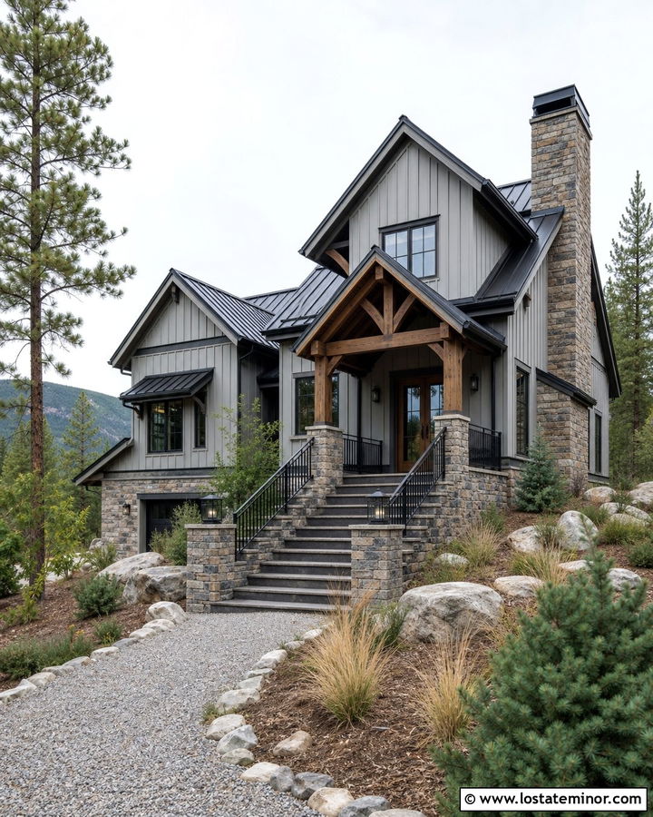 Dove Grey Mountain House With Stacked Stone Steps - 30 Dove Grey House Design With Steps Ideas