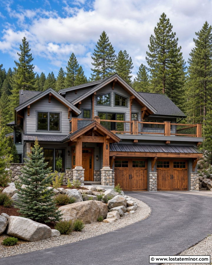Dove Grey Mountain House With Timber Railings - 30 Dove Grey House Design With Railings Ideas