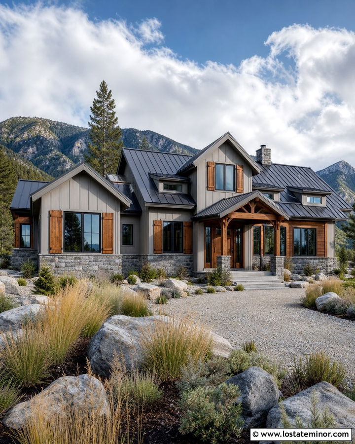 Dove Grey Mountain House With Wood Shutters - 30 Dove Grey House Design With Shutters Ideas