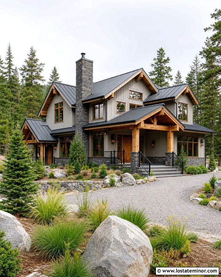 Dove Grey Mountain House With Wood Window Frames - 30 Dove Grey House Design With Window Frames Ideas