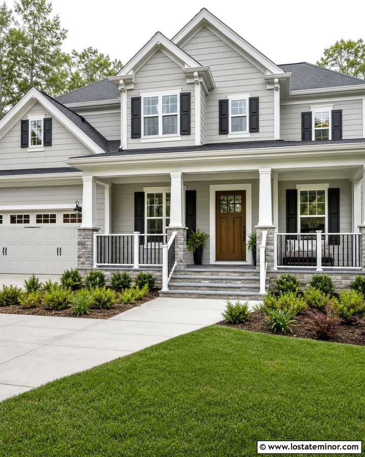 Dove Grey Porch With Two Tone Railings - 30 Dove Grey House Design With Railings Ideas