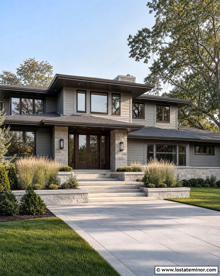 Dove Grey Prairie House With Broad Masonry Steps - 30 Dove Grey House Design With Steps Ideas