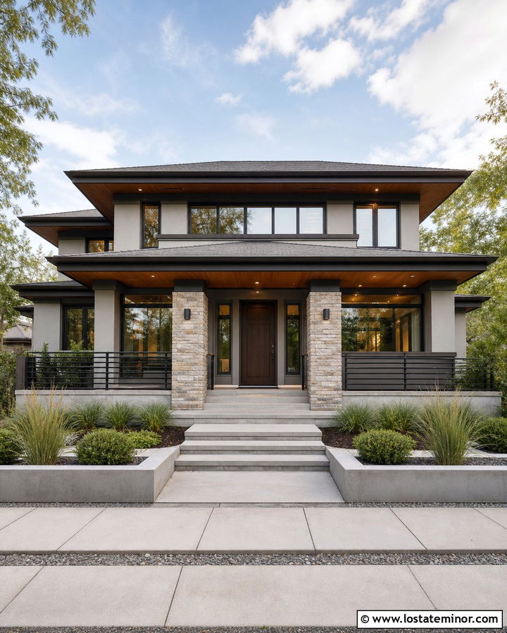 Dove Grey Prairie House With Horizontal Railings - 30 Dove Grey House Design With Railings Ideas