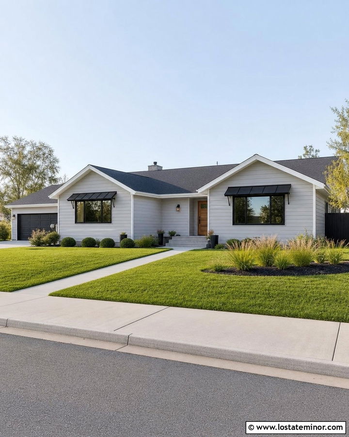 Dove Grey Ranch House With Black Metal Awning - 30 Dove Grey House Design With Awning Ideas