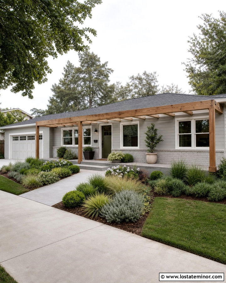 Dove Grey Ranch House With Pergola - 30 Dove Grey House Design With Pergola Ideas