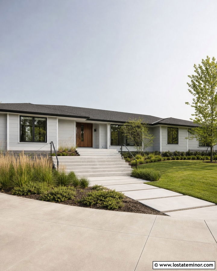 Dove Grey Ranch House With Wide Concrete Steps - 30 Dove Grey House Design With Steps Ideas