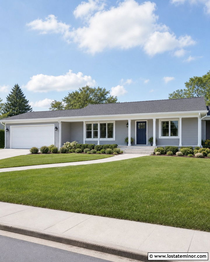 Dove Grey Ranch With Bright White Low Porch Ceiling - 30 Dove Grey House Design With Porch Ceiling Ideas