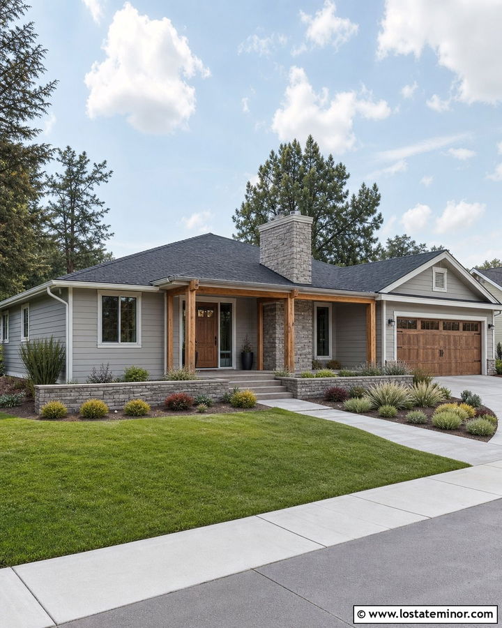 Dove Grey Ranch With Cedar Accents And Stone Chimney - 30 Dove Grey House Design With Chimney Ideas