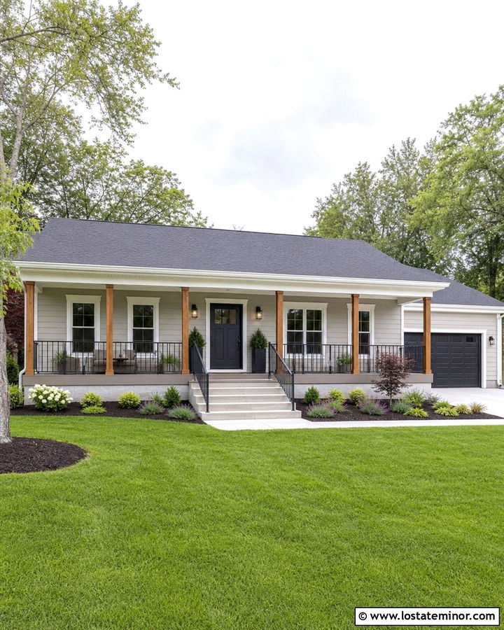 Dove Grey Ranch With Full Width Porch - 30 Dove Grey House Design With Front Porch Ideas