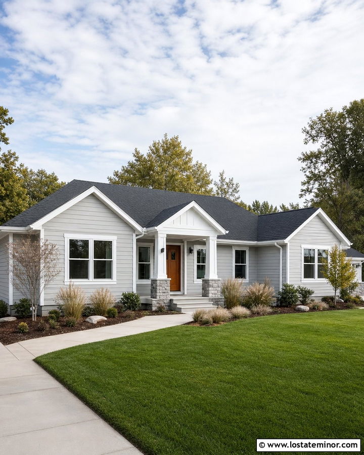 Dove Grey Ranch With Gabled Portico - 30 Dove Grey House Design With Portico Ideas